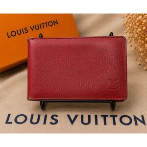 Louis Vuitton Card Holder Wallet Red Taiga Leather Bifold 2000 Authentic SP0090